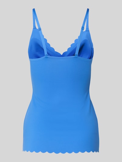 Produktfoto, Unterhemd mit Muschelsaum Modell 'SENSATION' von Skiny in Blau, aus Material-Mix mit Stretch-Anteil, Körpernaher-Schnitt, Muschelsaum, Vorgeformt, V-Ausschnitt, Verstellbare Spaghettiträger.