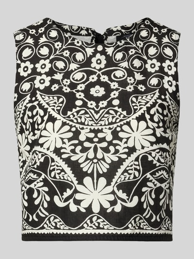 Produktfoto, Boxy Fit Crop Top aus reiner Baumwolle Modell 'IFANALE' von Weekend Max Mara, czarno-biały kwiatowy wzór, bez rękawów, okrągły dekolt, wiązanie, tkanina bawełniana