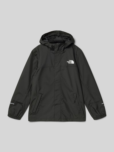 Produktfoto, Regenjacke mit Label-Print Modell 'ANTORA' von The North Face in Schwarz, gerade Passform, Kapuze, Abdeckleiste, reflektierende Prints, Eingrifftaschen mit Reißverschluss, Textur glatt, Rückenlänge 60 cm, Schulterbreite 38 cm, Ärmellänge 53 cm.