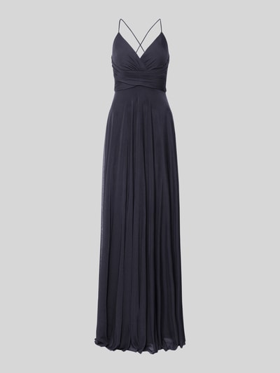 Produktfoto, Maxikleid in Wickel-Optik mit rückseitiger Schnürung von Jake*s Cocktail aus dunkelblauem Material-Mix mit Stretch-Anteil, A-Linie. Rückenlänge bei Größe 36: 135 cm, Brustweite bei Größe 36: 34 cm.