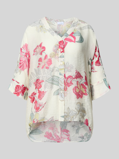 Produktfoto, Relaxed Fit Bluse aus Viskose-Mix im Allover-Look von Comma, cremefarbener Stoff mit floralen Mustern in Rosa, Grau, V-Ausschnitt, 3/4-Arm, verlängerter Rückenteil, Knopfleiste, Rückenlänge bei Größe S 64 cm, Ärmellänge 24 cm, leichte Textur