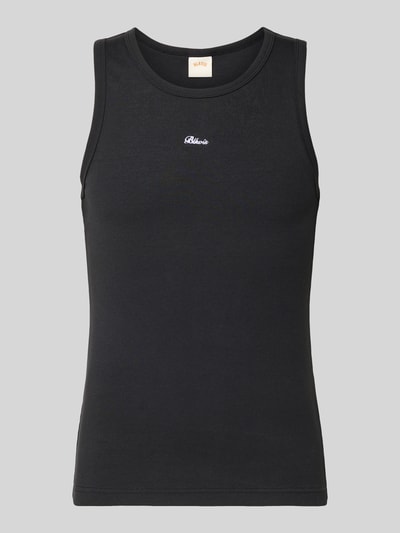 Produktfoto, zwart Tanktop in Ripp-Optik mit Label-Stitching van BLKVIS, slim fit van katoen-elastaanmix, lengte rugmaat M 63 cm