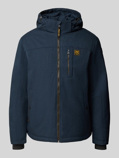 Produktfoto, dunkelblaue Jacke mit Kapuze und Label-Detail Modell 'STRATOR' von PME Legend, Material-Mix mit Viskose-Anteil, Reißverschluss