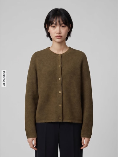 Kobiece modelka nosi kardigan rozpinany Relaxed Fit Strickjacke aus Woll-Mix mit Alpaka-Anteil model 'LULU' od Selected, mieszanka wełny, oliwkowy, proste kształty, miękka faktura, damski kardigan, Ganzkörperansicht von vorne, KI-modifiziertes Bild.