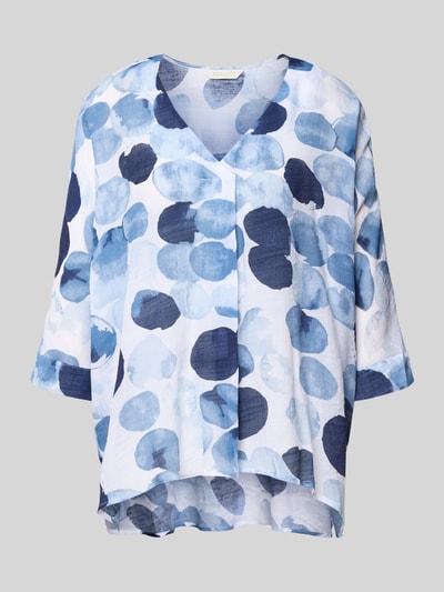 Produktfoto, Relaxed Fit Bluse aus Viskose-Mix van Apricot, damesblouse met all-over look, V-hals, driekwart mouw, wit-blauw met vlekkenpatroon, ruglengte maat S 70 cm, mouwlengte 30 cm
