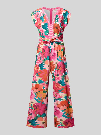 Produktfoto, Jumpsuit im Allover-Look mit Knotendetail von ROBE LÉGÈRE, mieszanka materiałów z dodatkiem streczu, krój regular fit, wzór na całej powierzchni, dekolt w serek, tasiemka w talii z wiązanym detalem, długość tyłu w rozmiarze 36: 139 cm, szerokość w rozmiarze 36: 52 cm, całkowita długość w rozmiarze 36: 139 cm, długość wewnętrzna nogawki w rozmiarze 36: 68 cm