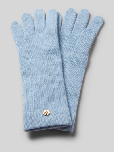 Produktfoto, Handschuhe aus reinem Kaschmir von FRAAS, hellblau mit gerippten Abschlüssen und Label-Detail, weiche Textur