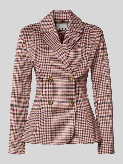 Produktfoto, Slim Fit Blazer mit Viskose-Anteil Modell 'Kate' von ICHI, kariert in Braun- und Rottönen, doppelte Knopfleiste, strukturierte Oberfläche, Reverskragen, Damen Blazer, elastischer Material-Mix
