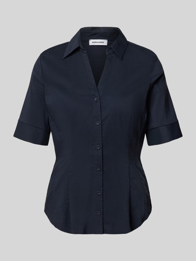 Produktfoto, Hemdbluse im Halbarm-Design von More & More in Dunkelblau, Baumwoll-Mix, Taillierte Passform, Hemdblusenkragen, Knopfleiste