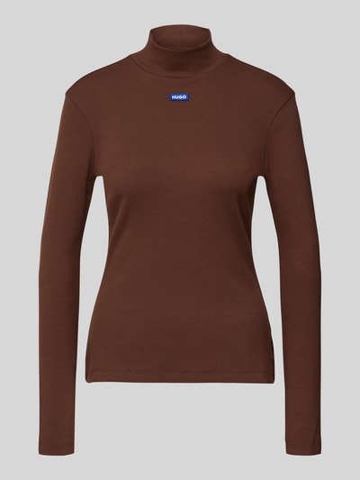 Produktfoto, Slim Fit Langarmshirt aus bawełnianego miksu model 'EASY LONGSLEEVE_B' od Hugo Blue, jednolity kolor, dopasowany krój, naszywka z logo, wysoki dekolt, długie rękawy, dzianina prążkowana