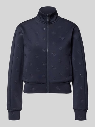 Produktfoto, Sweatjacke mit Logo-Muster Modell 'CALISTA' von Guess Activewear in Dunkelblau, Stehkragen, Reißverschluss, glatte Struktur