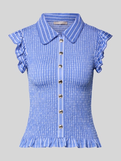Produktfoto, Blusenshirt mit Volants von Christian Berg Woman Selection in Blau mit Umlegekragen und Rüschen, elastischer Material-Mix