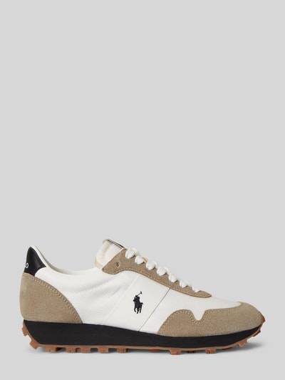 Produktfoto, Sneaker mit Schnürverschluss Modell 'PRL TRAIL 125' von Polo Ralph Lauren, biały, beżowy, czarne detale, zaokrąglony nosek, skórzany mix, label-details, teksturowana podeszwa, wysokość obcasa w rozmiarze 40: 4 cm, wysokość cholewki w rozmiarze 40: 8 cm, szerokość w rozmiarze 40: 7 cm.