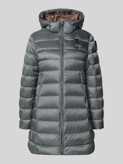 Produktfoto, lange donsjas met Stiksels en nauwsluitend model van Blauer vs, Capuchon, logodetail, ritssluiting, Model 'AGNES', dames, Ruglengte maat S: 83 cm, Schouderbreedte: 39 cm, Borstwijdte: 48 cm, Mouwlengte: 60 cm, donsvulling