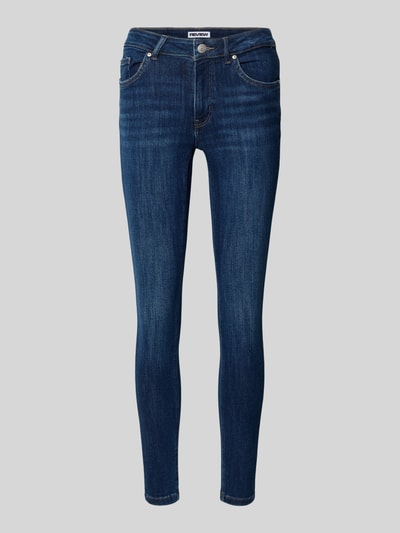 Produktfoto, Slim Fit Jeans im 5-Pocket-Design von Review aus elastischem Baumwoll-Mix in Dunkelblau, Knopf- und Reißverschluss, Bundweite 35 cm, Innenbeinlänge 70 cm