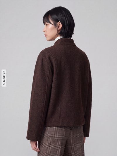 Frauenmodel trägt Regular Fit Blouson aus Woll-Mix Modell 'JACQUELINE' von Selected in Dunkelbraun, Damen Bomberjacke, Ganzkörperansicht Rückansicht, KI-modifiziertes Bild.
