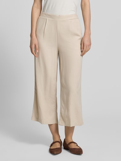Frauenmodel trägt Regular Fit Culotte aus Viskose-Leinen-Mix Modell 'MYMILO' von Vero Moda, beige, Flammgarn, unifarben, seitliche Eingrifftaschen, teilelastischer Bund, Ganzkörperansicht von vorne.