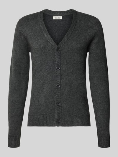Produktfoto, Strickjacke mit Knopfleiste Modell 'HEINE' von Casual Friday, dunkelgrauer Material-Mix, V-Ausschnitt, gerippte Abschlüsse, Regular Fit