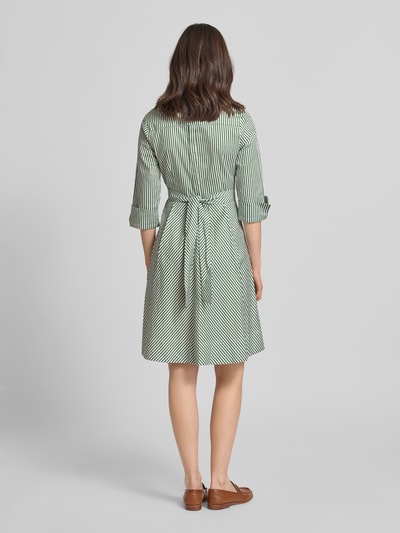 Vrouwenmodel draagt 'Hemdblusenkleid mit Kentkragen' van Apricot, groen-wit gestreept katoen-elastaan, getailleerde fit, midijurk, ceintuur, knoopsluiting, 3/4-mouw, ruglengte 110 cm, borstbreedte 35 cm, mouwlengte 50 cm, volledig achteraanzicht.
