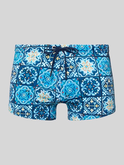 Produktfoto, Badehose im Allover-Look Modell 'MAIOLICA' von HOM, blaues Mosaikmuster, elastischer Bund mit Tunnelzug, Material-Mix mit Stretch-Anteil