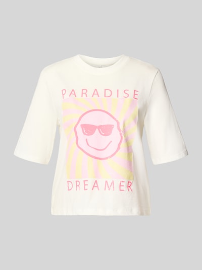 Produktfoto, Relaxed Fit T-Shirt aus reiner Baumwolle Modell 'CARTY' von ONLY, Optik: unifarben, Motiv-Print, Rundhals, Kurzarm, Jersey, weiße glatte Textur, rosa-gelber Print.