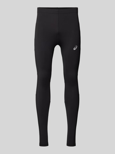 Produktfoto, schwarze Tights mit elastischem Bund und Logo von ASICS, Material-Mix mit Stretch-Anteil, körpernahe Passform, glatte Textur.