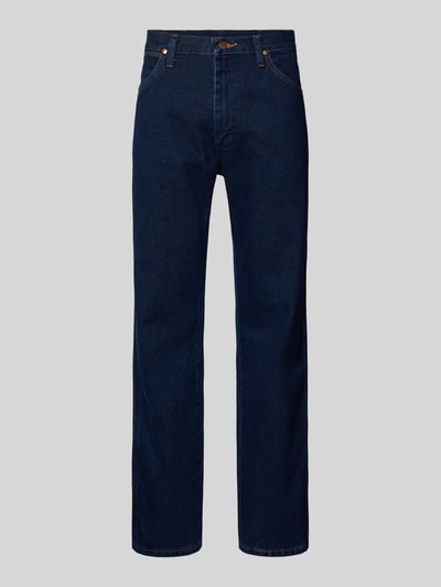 Produktfoto, Straight Fit Jeans im 5-Pocket-Design Modell 'Texas' von Wrangler in Dunkelblau, Baumwoll-Mix mit Stretch-Anteil, Gerader-Schnitt, Knopf-Reißverschluss, Bundweite 41 cm, Innenbeinlänge 81 cm