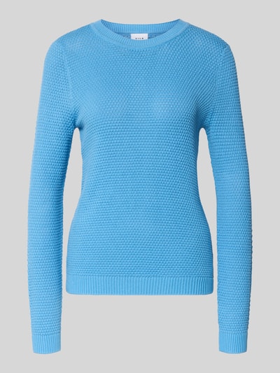 Produktfoto, Strickpullover mit gerippten Abschlüssen Modell 'dalo' od Vila, bawełniany, krój slim fit, okrągły dekolt, kolor niebieski, tekstura prążkowana