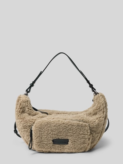 Produktfoto, Torba na ramię Umhängetasche in Teddyfell-Optik von Marc O'Polo, imitacja futerka, zamek błyskawiczny, główna przegroda, naszywka z logo, pasek na ramię, kształt księżyca, beżowa faktura