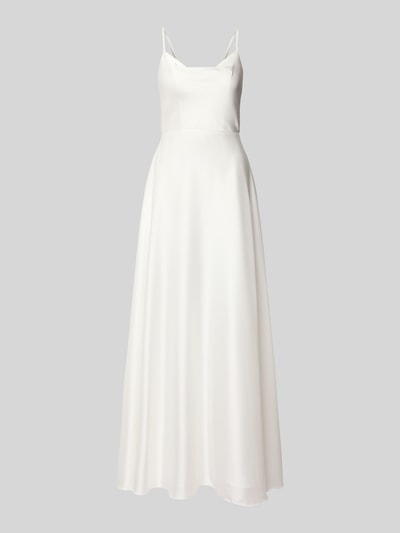Produktfoto, Abendkleid mit Spaghettiträgern von Laona in A-Linie als Maxikleid, glatte helle Oberfläche, Reißverschluss auf der Rückseite, Oberteil zum Binden, Rückenlänge 111 cm, Brustweite 41 cm bei Größe 36.
