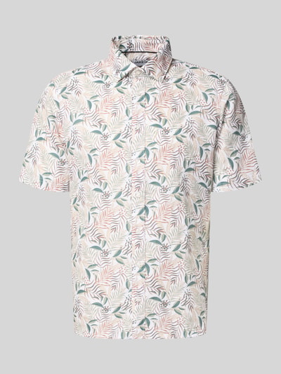 Produktfoto, Slim Fit Business Hemd aus Leinen-Misch mit Kentkragen von Jake*s, mix van katoen en linnen, knoopsluiting, korte mouwen, wit met groene en roze bladeren, ruglengte maat M 65 cm, schouderbreedte 45 cm, mouwlengte 25 cm