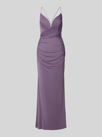 Produktfoto, Abendkleid mit Rückenausschnitt von Laona in Lila, taillierte Passform, Raffungen, Spaghetti-Träger, glatte Struktur