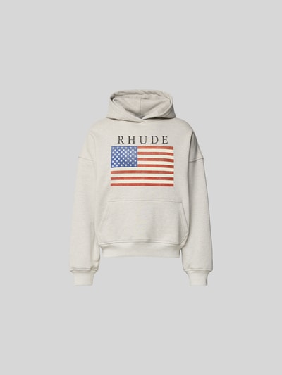 Produktfoto, Oversized Hoodie mit Logo-Print von RHUDE, beige Baumwolle, amerikanische Flagge vorn, Kängurutasche, elastische Abschlüsse.