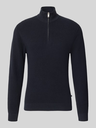Produktfoto, Slim Fit Sweatshirt aus Baumwoll-Mix von Matinique, dunkelblau, Troyer-Kragen, gerippter Bund, Langarm, schlichte Textur, Rückenlänge 67 cm, Ärmellänge 68 cm