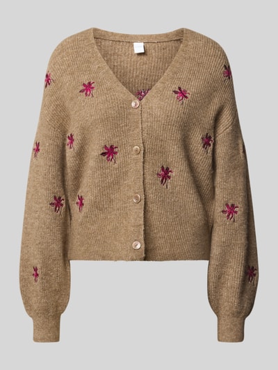 Productfoto, Cardigan met verlaagde schouders model 'FLEUR' van YAS, katoenmix, loose fit, V-hals, knoopsluiting, gebreide textuur, bruin met roze bloemen