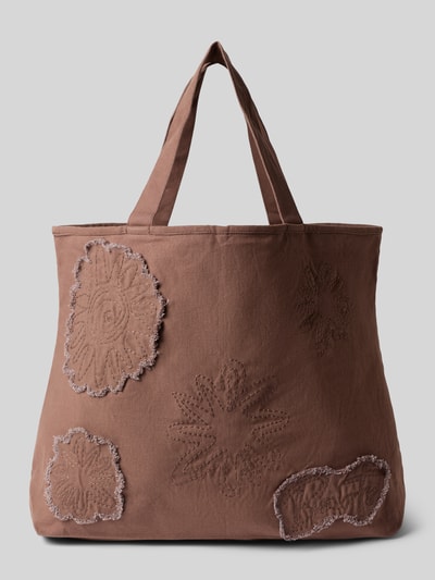 Produktfoto, Strandtasche aus Reine Baumwolle Modell 'Dieuw' von Barts, brauner Stoff, florale Struktur, Hauptfach mit Schnürung, Innenfach mit Reißverschluss, Tragehenkel, Breite 53 cm, Länge 39 cm, Tiefe 19 cm, Schulterriemen 52 cm