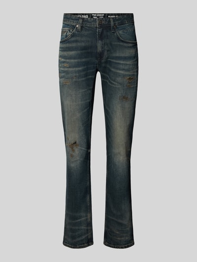 Produktfoto, Straight Fit Jeans aus Baumwoll-Mix Modell 'Wingload' von PME Legend im Used-Look mit 5-Pocket-Design, blauer Denim, sichtbare Abnutzungen, Knopf- und Reißverschluss, Lyocell-Anteil, Bundweite 42 cm, Innenbeinlänge 80 cm