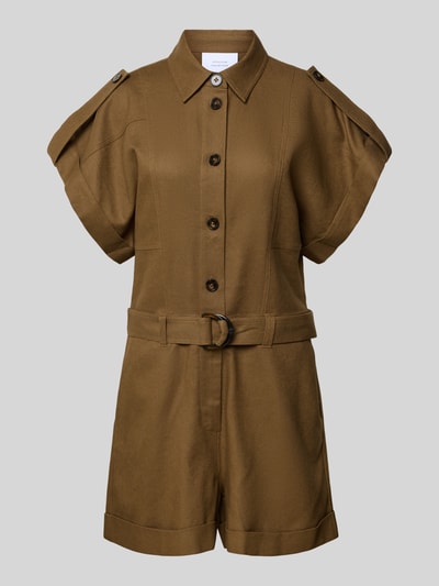 Produktfoto, Jumpsuit aus Leinen-Baumwoll-Mix mit Gürtel von Style Icon Collection in Braun, Regular-Fit, Hemdblusenkragen, Knopfleiste, strukturierte Optik, Rückenlänge 47 cm, Brustweite 45 cm, Ärmellänge 14 cm, Gesamtlänge 88 cm, Innenbeinlänge 10 cm, Größe 36