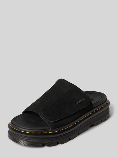 Produktfoto, Sandalette aus Leder mit Klettverschluss Modell 'ZebZag Slide' von Dr. Martens, naturalna skóra, zakładana przez głowę, rzep, detal z logo, wysokość obcasa: 5 cm w rozmiarze 40, kolor czarny, kształt sandałów, teksturowana podeszwa, kontrastowe przeszycia
