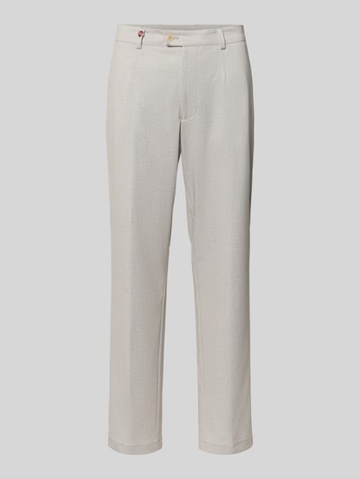 Produktfoto, spodnie Hose mit Label-Detail Modell 'Orlando' von CG - Club of Gents, mieszanka materiałów z dodatkiem wiskozy, krój regular fit, model 'Orlando', detal z logo, kieszenie z tyłu, szerokość w rozmiarze 50: 39 cm, długość wewnętrzna nogawki w rozmiarze 50: 77 cm, jasny odcień, gładka tekstura