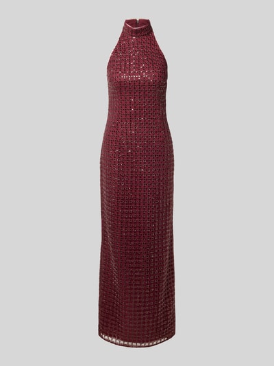 Produktfoto, Abendkleid mit Paillettenbesatz von ROTATE in Bordeaux, eng anliegende Passform, Maxilänge, Stehkragen, Ärmelloses-Design, Allover-Pailletten- und Ziersteinbesatz, strukturierte Textur, Größe 36 ca. 144 cm Gesamtlänge, 42 cm Brustweite, 36 cm Taillenweite.