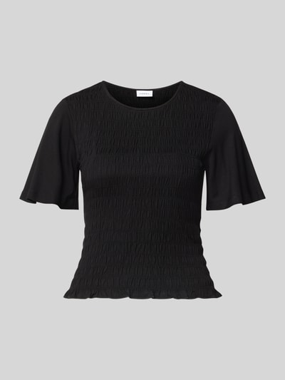 Produktfoto, schwarzes Damen T-Shirt aus Viskose-Elasthan-Mix mit Smok-Details, Rundhalsausschnitt, Slim Fit, Comma, Rückenlänge 47 cm