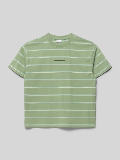 Productfoto, Regular Fit T-Shirt aus reiner Baumwolle van s.Oliver RED LABEL in lichtgroen met witte strepen, statement-stitching, jersey, ronde hals, korte mouw, allover-strepen, kindermodel.