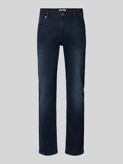 Produktfoto, Slim Fit Jeans mit Eingrifftaschen von REVIEW, dunkelblauer Baumwoll-Mix mit Stretch-Anteil, glatte Textur, neutrale Rückansicht, Herren Jeans, Knopf- und Reißverschluss, Bundweite 40 cm, Innenbeinlänge 81 cm