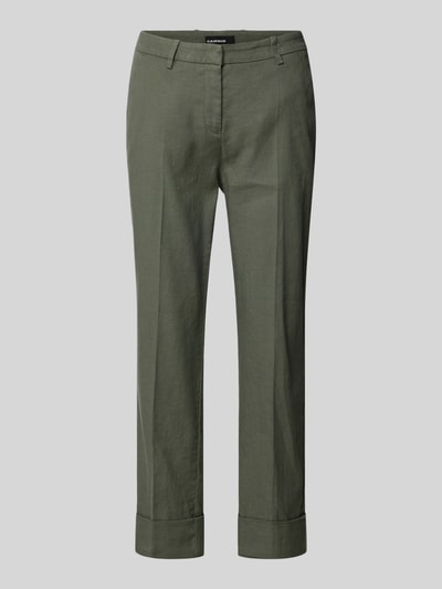 Produktfoto, Leinenhose mit Baumwoll-Anteil von Cambio in Olivgrün, Straight Fit, Verkürzt, Gürtelschlaufen, Knopf-Reißverschluss, Leinen-Baumwoll-Mix, Eingriffstaschen, Gesäßtaschen, umgeschlagene Beinabschlüsse, Bundweite 42 cm, Innenbeinlänge 69 cm, Damen