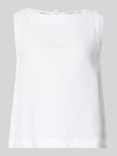 Frauenmodel trägt Regular Fit Blusentop aus reinem Leinen von Marc O'Polo, Optik: Unifarben, Binde-Details, Rundhals, Ärmelform: Ohne, Material: Leinen, weiße Farbe mit glatter Textur, Ganzkörperansicht von vorne.