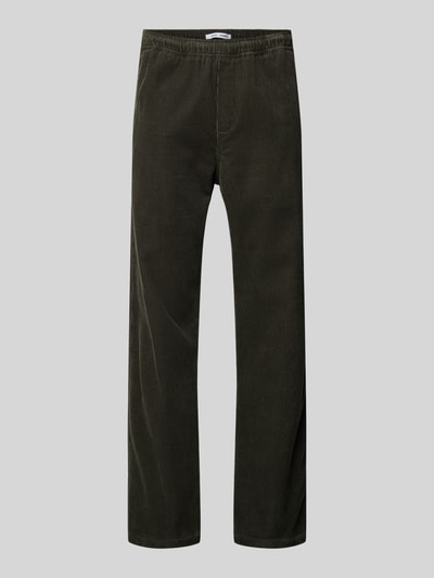 Produktfoto, dunkelgrüne Cordhose aus reiner Baumwolle im Regular-Fit mit elastischem Bund und Gesäßtasche, Modell 'JABARI' von Samsøe Samsøe, Bundweite 42 cm, Innenbeinlänge 74 cm