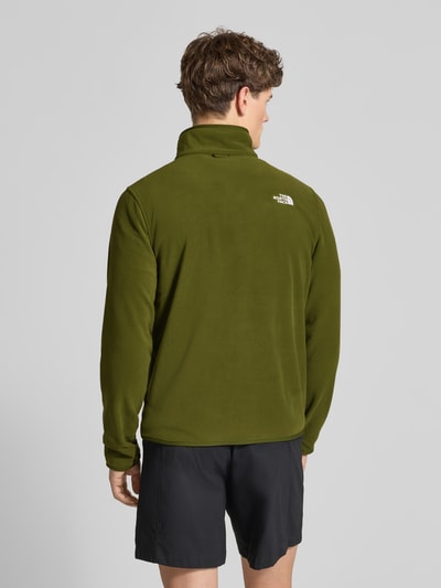 Männermodel trägt Fleecejacke mit Stehkragen Modell 'GLACIER' von The North Face in Oliv, gerade Passform, Ganzkörperansicht Rückansicht.