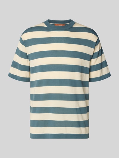 Produktfoto, T-Shirt mit geripptem Rundhalsausschnitt von CRUNA, Herren T-Shirt aus Reine Baumwolle, Regular-Fit, Strukturmuster, Rückenlänge 73 cm bei Größe 50, breite Streifen in Blau und Creme, weiche Textur