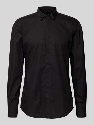 Produktfoto, czarna koszula casualowa z bawełny, krój slim fit, model 'LONDON' z kołnierzykiem typu kent z obszyciem ozdobnymi kamieniami oraz ukrytą listwą guzikową, długość tyłu 79 cm, szerokość ramion 47 cm, długość rękawów 68 cm, Antony Morato